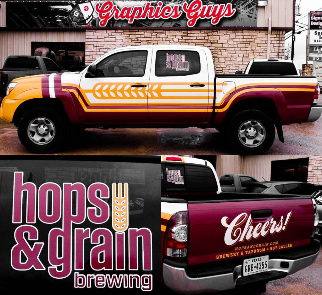 Hops N Grain brewery austin texas vehicle wrap beer hops n grain toyota tacoma hops n grain brewery